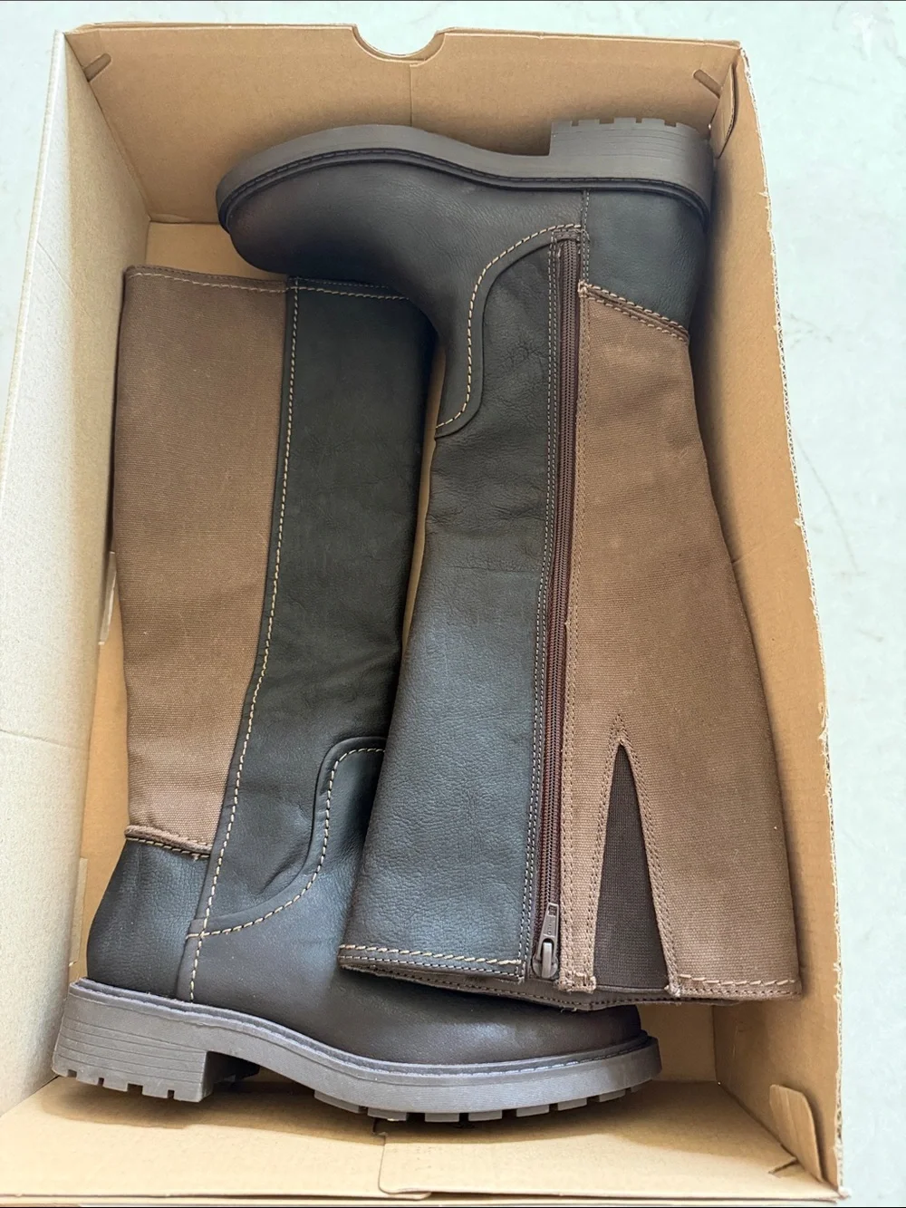 Clarks Two-Tone Dark Brown and Chestnut leather riding boot.  Opal Glow Boot